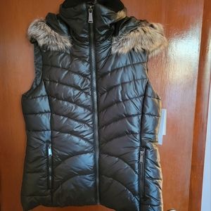 BCBG Puffer Vest with Faux Fur Hood